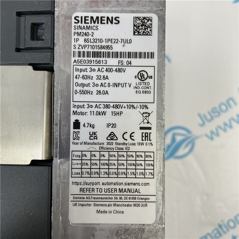 SIEMENS inverter 6SL3210-1PE22-7UL0 SINAMICS POWER MODULE PM240-2 WITHOUT FILTER WITH BUILT IN BRAKING CHOPPER 3AC380-480V +10/-10% 47-63HZ OUTPUT HIGH OVERLOAD: 7,5KW 