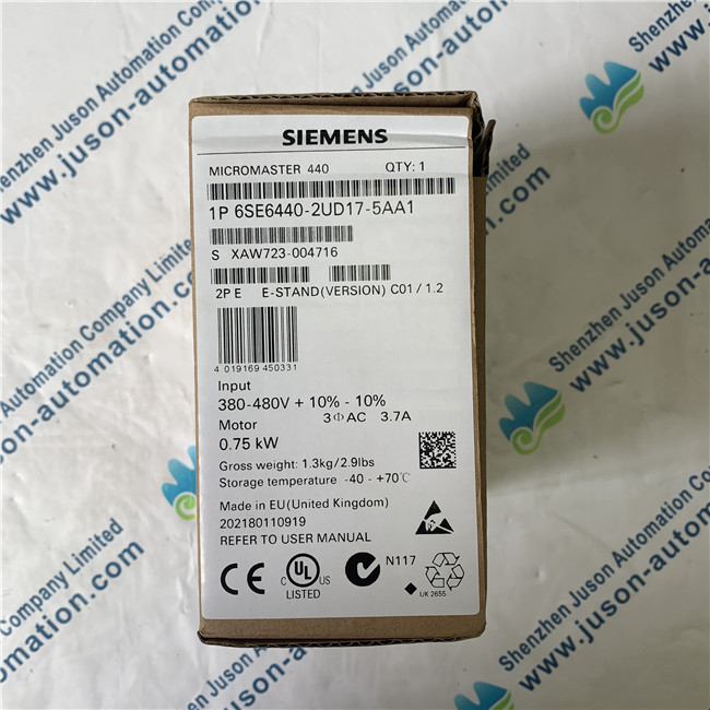SIEMENS 6SE6440-2UD17-5AA1 MICROMASTER 440 without filter 380-480 V 3 AC +10/-10% 47-63 Hz constant torque 0.75 kW overload 150% 60 s