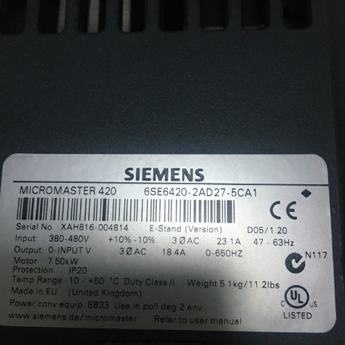 Siemens 6SE6420-2AD27-5CA1 MICROMASTER 420 built-in class A filter 380-480 V 3 AC +10/-10% 47-63 Hz constant torque 7.5 kW overload 150% 