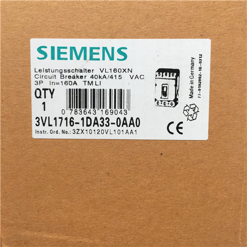 Siemens 3VL1716-1DA33-0AA0 circuit breaker VL160X N standard breaking capacity Icu=55kA, 415V AC 3-pole, line protection Trip Unit TM