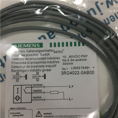 Siemens 3RG4022-0AB00 SIMATIC PXI320 INDUCTIVE SENSOR M12, 3-WIRE, PNP, NO 10...65V DC SN=4MM, NOT FLUSH 300MA, IP67 CABLE, 2M, PUR NICKEL-PLATED BRASS