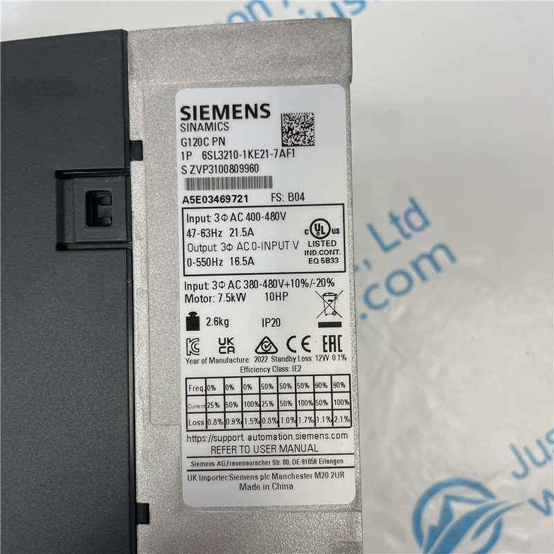 SIEMENS inverter 6SL3210-1KE21-7AF1 SINAMICS G120C RATED POWER 7,5KW WITH 150% OVERLOAD FOR 3 SEC 3AC380-480V +10/-20% 47-63HZ INTEGRATED FILTER CLASS A I/O-INTERFACE: