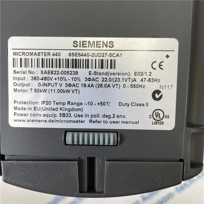 SIEMENS inverter 6SE6440-2UD27-5CA1 MICROMASTER 440 without filter 380-480 V 3 AC +10/-10% 47-63 Hz constant torque 7.5 kW overload 150% 60 s