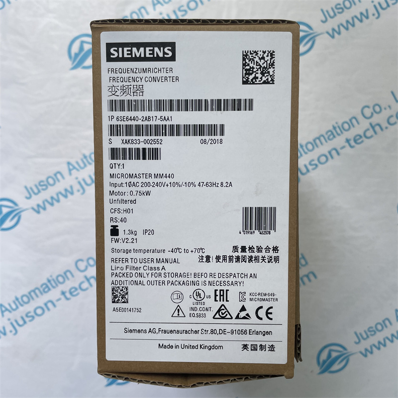 SIEMENS 6SE6440-2AB17-5AA1 MICROMASTER 440 built-in class A filter 200-240 V 1 AC+10/-10% 47-63 Hz constant torque 0.75 kW overload 150% 60 s