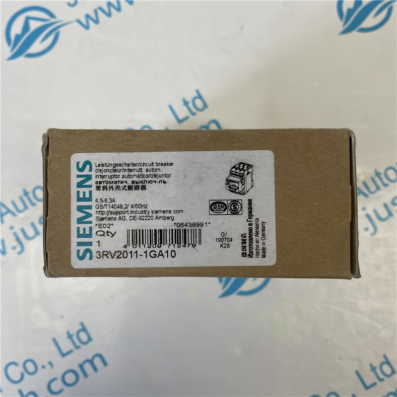 SIEMENS molded case circuit breaker 3RV2011-1GA10 Circuit breaker size S00 for motor protection, CLASS 10 A-release 4.5...6.3 A N-release 82 A screw terminal