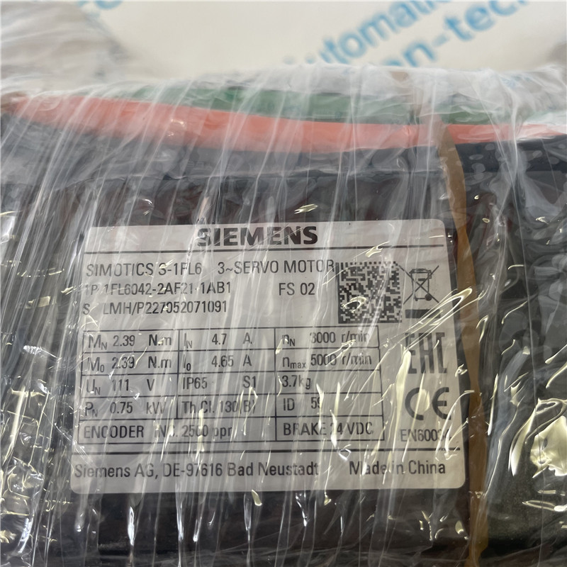 SIEMENS AC servo motor 1FL6042-2AF21-1AB1 SIMOTICS S-1FL6 Operating voltage 230 V 3AC Pn=0.75 kW; Nn=3000 rpm M0=2.39 Nm; 