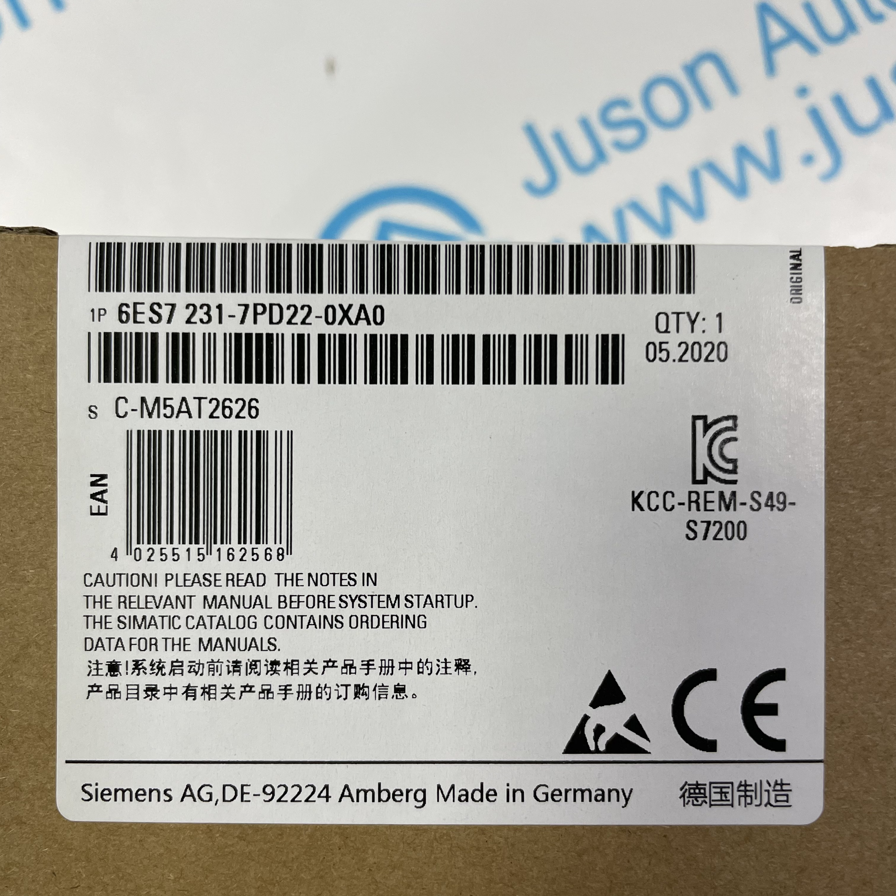 SIEMENS Analog input 6ES7231-7PD22-0XA0 SIMATIC S7-200, Analog input EM 231, only for S7-22X CPU, 4 AI, +/-80 MV a. thermocouples Type J, K, S, T, R, E, N; 15 bit+sign