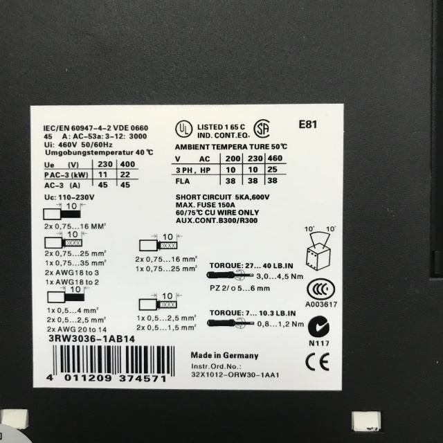 SIEMENS soft starter 3RW3036-1AB14