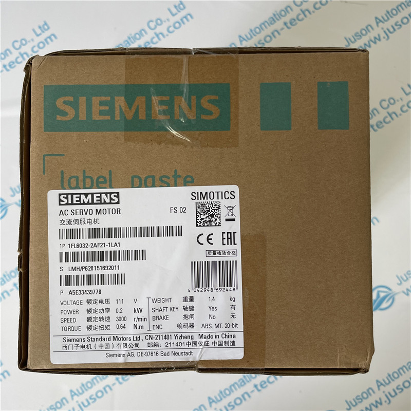 SIEMENS AC Servo Motor 1FL6032-2AF21-1LA1 SIMOTICS S-1FL6 Operating voltage 230 V 3 AC PN=0.2 kW; NN=3000 rpm M0=0.64 Nm;