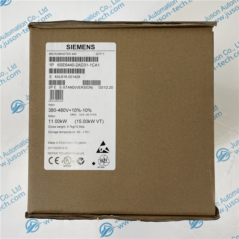 SIEMENS inverter 6SE6440-2AD31-1CA1 MICROMASTER 440 built-in class A filter 380-480 V 3 AC +10/-10% 47-63 Hz constant torque 11 kW overload 150% 60 s