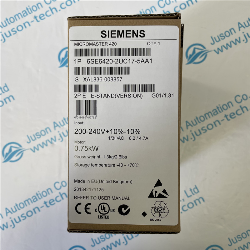 SIEMENS inverter 6SE6420-2UC17-5AA1 MICROMASTER 420 without filter 200-240 V 1/3 AC+10/-10% 47-63 Hz constant torque 0.75 kW overload 150% for 60 s