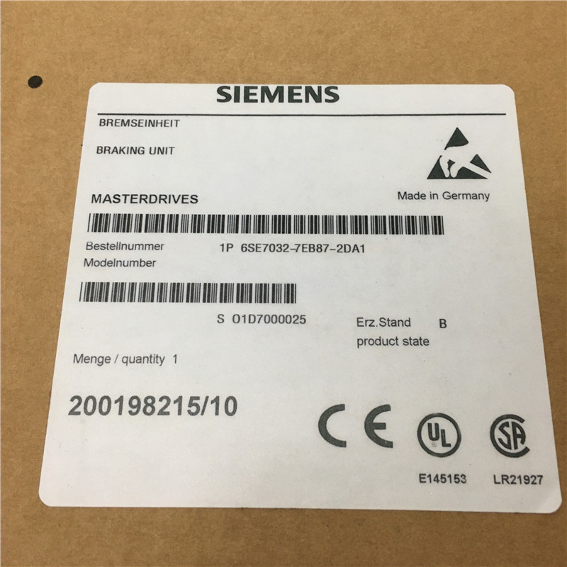 Siemens DC unit 6SE7032-7EB87-2DA1 SINAMICS / SIMOVERT MASTERDRIVES BRAKING UNIT 510 -650 V DC, 170 KW PROTECTION IP20 DOCUMENTATION ON CD