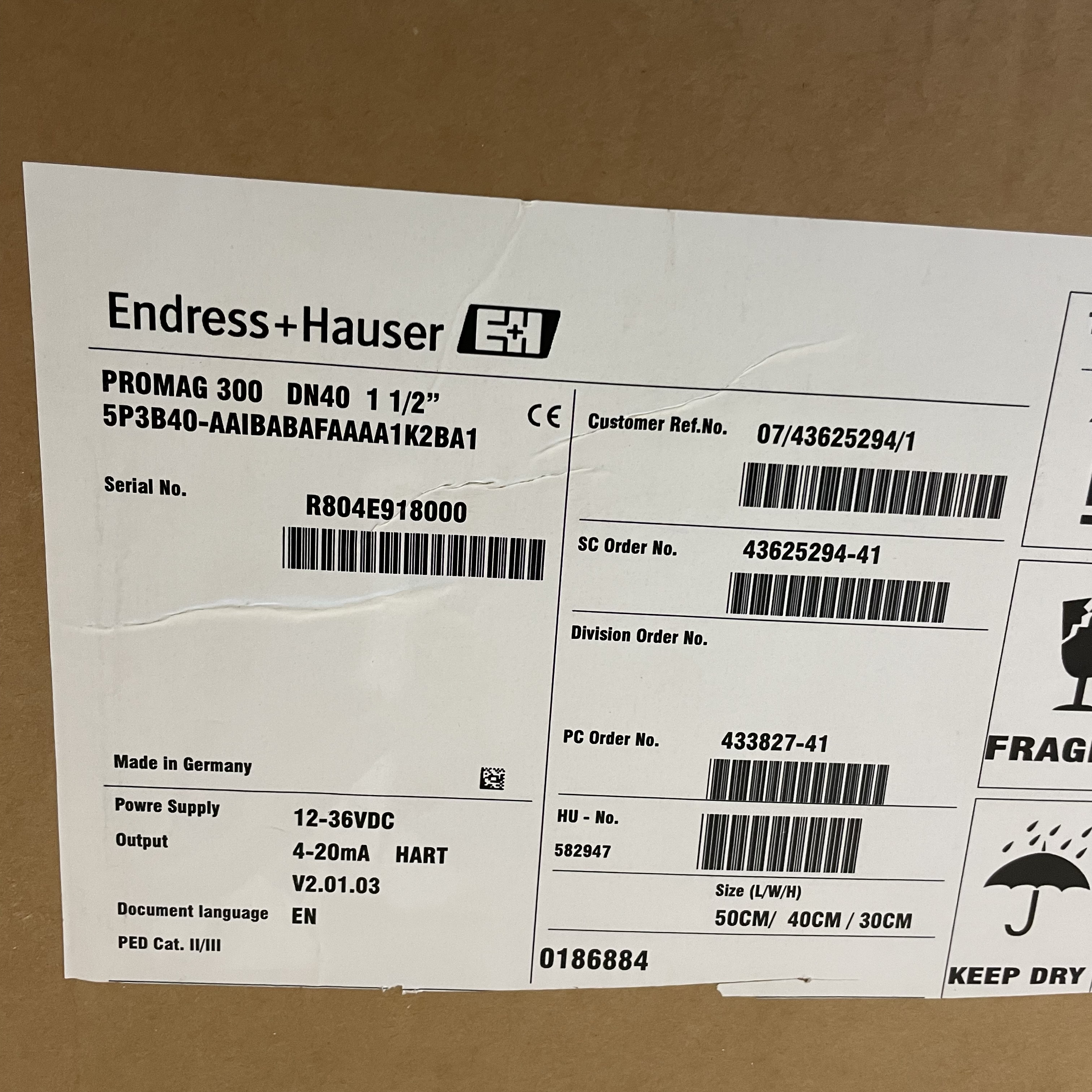 Endress+Hauser electromagnetic flowmeter 5P3B40-AAIBABAFAAAA1K2BA1